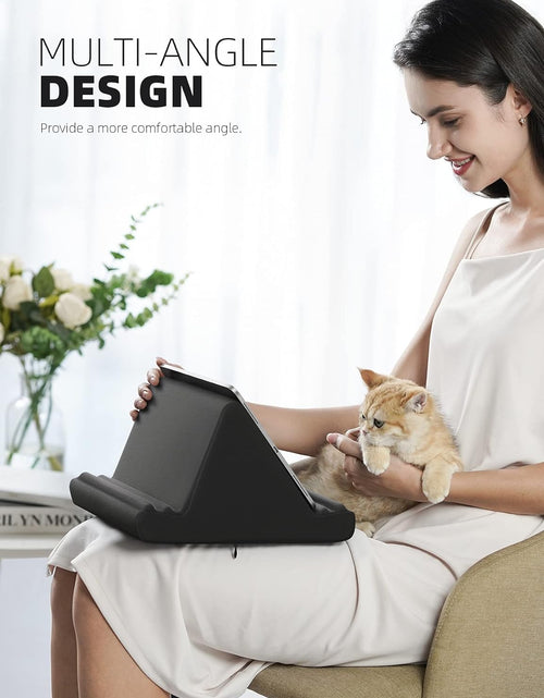 Load image into Gallery viewer, Tablet Pillow Holder Stand - Tablet Pillow Soft Pad Dock for Lap, Bed and Desk with Pocket &amp; 4 Viewing Angles, for 2022 Ipad Pro 11, 12.9, Air, Mini, Kindle, 4-13" Phone and Tablet, Black
