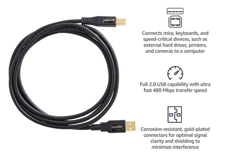 USB 2.0 Printer Cable - A-Male to B-Male Cord - 6 Feet (1.8 Meters), Black
