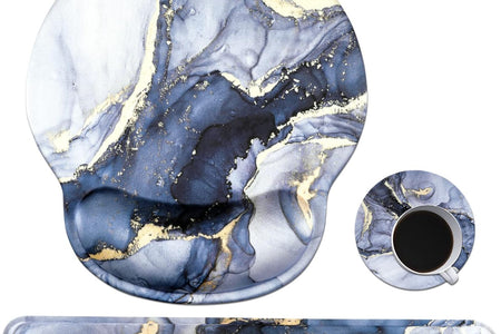 Mouse Pad with Wrist Support Keyboard Wrist Rest Set, Ergonomic Mouse Pad with Non-Slip Base for Computer Home Office + Coasters, Easy Typing & Pain Relief Mouse Mat, Dark Blue Marble