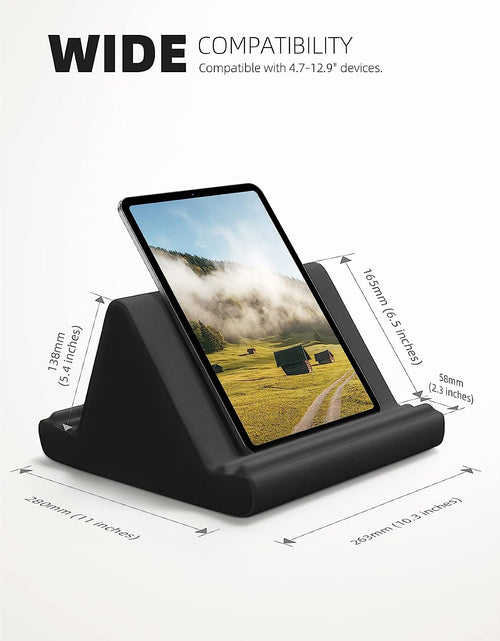 Load image into Gallery viewer, Tablet Pillow Holder Stand - Tablet Pillow Soft Pad Dock for Lap, Bed and Desk with Pocket &amp; 4 Viewing Angles, for 2022 Ipad Pro 11, 12.9, Air, Mini, Kindle, 4-13" Phone and Tablet, Black
