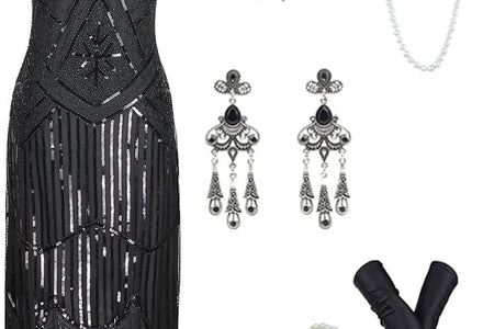 20S Flapper Gatsby Sequin Beaded Evening Cocktail Dress with Accessories Set