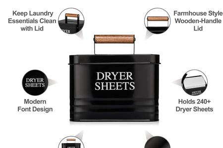 Modern Farmhouse Metal Laundry Dryer Sheets Holder Fabric Softener Dispenser with Lid for Laundry Room Decor and Accessories and Space Saving Laundry Organization and Storage, Glossy Black