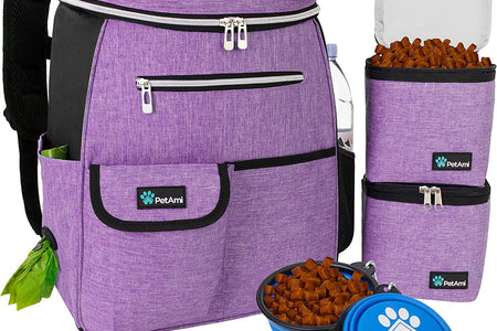 Dog Travel Bag Backpack, Airline Approved Dog Bags for Traveling, Puppy Diaper Bag Supplies, Pet Camping Essentials Hiking Accessories Dog Mom Gift, Food Container, Collapsible Bowls, Purple