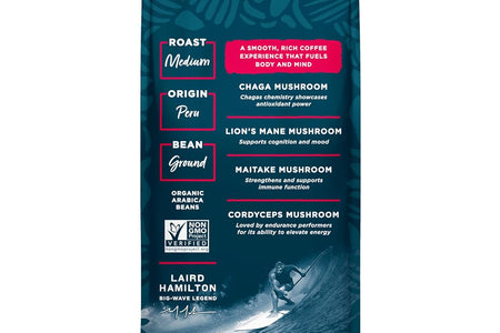 Peruvian Medium Roast Coffee with Functional Mushrooms, Certified Organic Peruvian Ground Coffee Beans, Gluten-Free, Dairy-Free, Non-Gmo, Paleo, Keto Friendly, 12 Oz. Bag