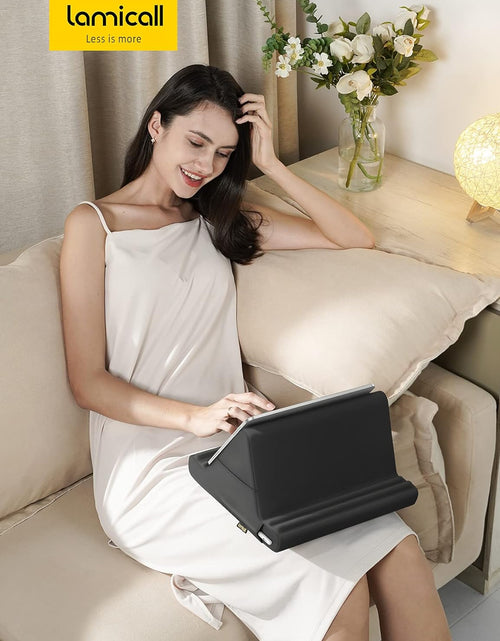 Load image into Gallery viewer, Tablet Pillow Holder Stand - Tablet Pillow Soft Pad Dock for Lap, Bed and Desk with Pocket &amp; 4 Viewing Angles, for 2022 Ipad Pro 11, 12.9, Air, Mini, Kindle, 4-13" Phone and Tablet, Black

