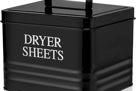 Modern Farmhouse Metal Laundry Dryer Sheets Holder Fabric Softener Dispenser with Lid for Laundry Room Decor and Accessories and Space Saving Laundry Organization and Storage, Glossy Black