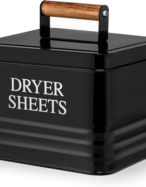 Load image into Gallery viewer, Modern Farmhouse Metal Laundry Dryer Sheets Holder Fabric Softener Dispenser with Lid for Laundry Room Decor and Accessories and Space Saving Laundry Organization and Storage, Glossy Black
